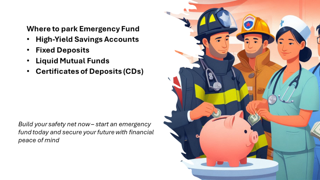 Illustration of where to park Emergency Fund like in the High Yield Savings Accounts, Fixed Deposit, Liquid Mutual Funds, Certificates of Deposits