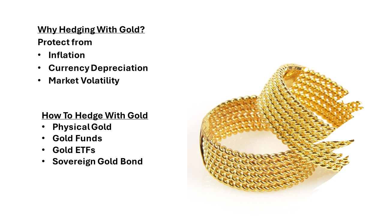 The image features a gold bracelet on the right side, symbolizing investment in gold. On the left side of the image, there is a list divided into two sections. The first section is titled "Why Hedging With Gold?" and lists the benefits: Protect from Inflation, Currency Depreciation, and Market Volatility. The second section is titled "How To Hedge With Gold" and lists different methods: Physical Gold, Gold Funds, Gold ETFs, and Sovereign Gold Bond. The overall theme of the image emphasizes the protective qualities of gold as an investment and the various ways to hedge with it.