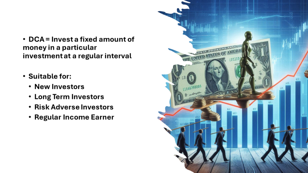 Illustration of Dollar-Cost Averaging (DCA) strategy showing an investor making regular investments over time, buying more shares when prices are low and fewer shares when prices are high, highlighting the benefits of consistent investing regardless of market fluctuations